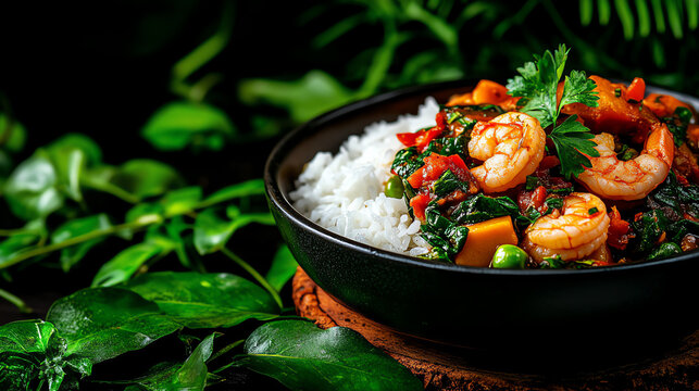 Brazilian Bobo de Camarao shrimp and manioc stew, served with rice in a colorful tropical setting, [South American bold dishes, exotic flavors]
