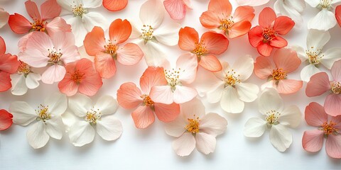 Cherry apricot and peach blossoms in soft pink and white hues scattered on a white background creating ample space for copy and design elements