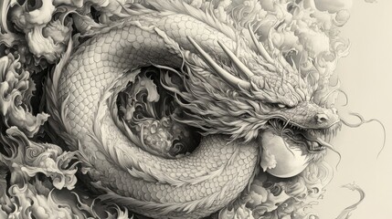 Obraz premium Majestic Dragon Enveloped In Swirling Clouds Artwork