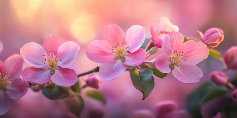 Delicate pink apple blossoms in full bloom with soft green leaves on a blurred pastel background representing nature's beauty in springtime.
