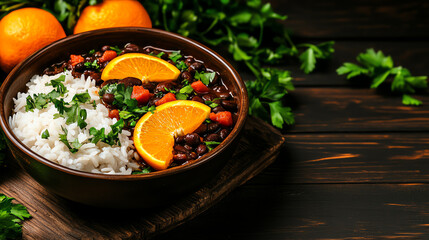 Brazilian Feijoada black bean stew, served with rice and orange slices in a rustic family setting, [South American soul food, bold flavors]