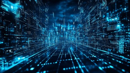 Technological landscape of solar panels, electric blue digital matrix overlay, flowing energy visualization, high-contrast industrial photography, clean energy infrastructure, geometric pattern