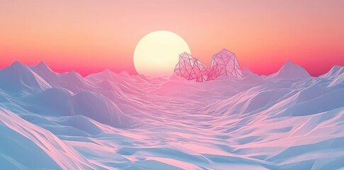 Pink Sunset Over Low Polygonal Mountains
