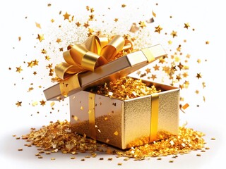 Golden Confetti Exploding from Open Gift Box - Festive Celebration Stock Photo