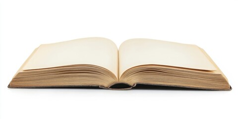 Obraz premium Open vintage book with yellowed pages centered on a clean white background showcasing the book's spine and textured edges in soft neutral tones