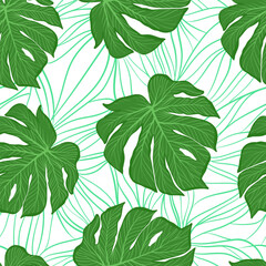 Fototapeta premium Tropical leaf vector background with monstera. Summer botanical pattern.