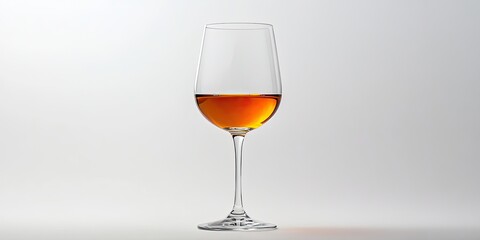 Elegant long-stemmed glass filled with amber orange wine positioned centrally against a soft gradient white backdrop showcasing simplicity