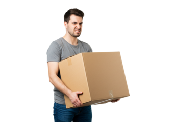 Man Carrying Heavy Cardboard Box Frustrated Face Delivery Work Tired Cargo Goods Moving Stress      