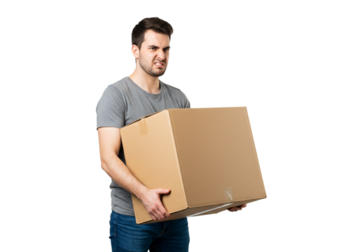 Man Carrying Heavy Cardboard Box Frustrated Face Delivery Work Tired Cargo Goods Moving Stress       - Powered by Adobe