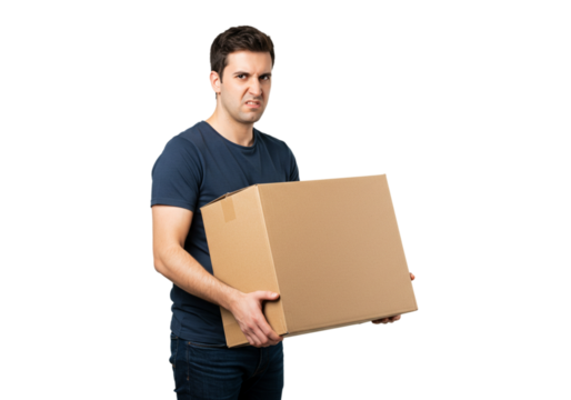 Frustrated Man Holding Heavy Cardboard Box Delivery Male Tired Angry Upset Black Adult Studio Person
