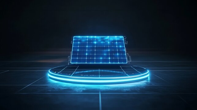 Advanced energy dashboard with floating solar panel icon, digital mesh hand interface, pulsing neon blue activation ring, dark tech environment, holographic control elements, premium futuristic