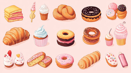 Sweets with pastry, bakery and ice cream desserts. Cake, bread and croissant, cupcake, donut and ice cream, bun, pie and cookie, toast, macaron and pretzel thin line.Vector illustration