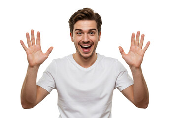 Fototapeta premium Happy Excited Man Showing Hands White TShirt Studio Background male model adult joyful person upbeat