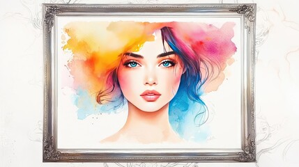 Framed watercolor concept. A vibrant watercolor portrait of a woman with colorful hair and expressive features.