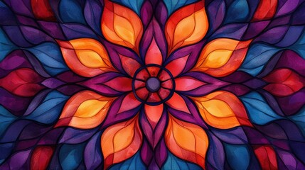 Kaleidoscope watercolor concept. Colorful stained glass design featuring floral shapes and vibrant hues.