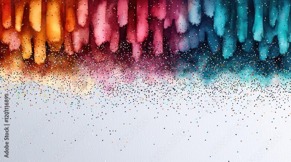 Poster glitter watercolor idea. vibrant abstract background with colorful splashes and glittering particles