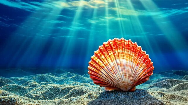 Stunning underwater view showcasing a vibrant scallop shell resting on ocean floor illuminated by sunlight