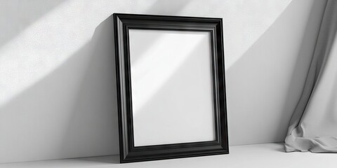 Elegant black picture frame resting at an angle on a white surface with soft shadows and a light gray backdrop enhancing the minimalist aesthetic