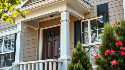 Fototapeta premium Elegant Home Exterior: Brown Door, White Columns, and Lush Landscaping. A perfect blend of classic and modern design, creating a welcoming and sophisticated curb appeal.