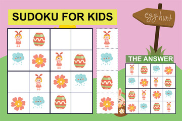 Obraz premium Colorful Sudoku for kids. Children activity sheet. Education worksheet for children. Printable puzzle game for preschool with easter theme. Vector illustrations in cute cartoon style. 