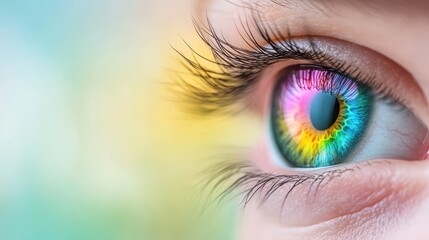Mesmerizing rainbow eye, closeup of unique iris colors and vibrant spectrum reflection