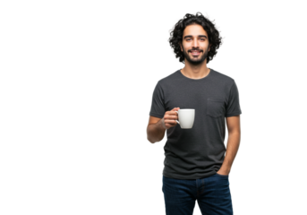 Smiling Man Holding Coffee Mug Dark Background Studio Shot Happy Casual tea cup male drink model    