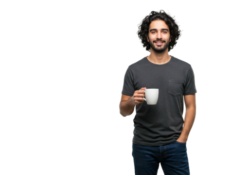 Smiling Man Holding Coffee Mug Dark Background Studio Shot Happy Casual tea cup male drink model