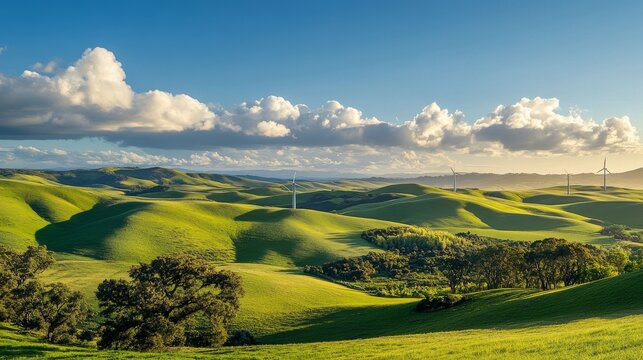 Modern wind farm amidst lush green valley, elegant turbine blades catching sunlight, rolling pastoral hills, pristine blue sky backdrop, scattered fluffy clouds, morning atmospheric lighting,