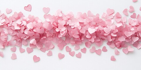 Fototapeta premium Pink heart-shaped confetti in varying sizes scattered across a white background creating a romantic ambiance with space for text or messages.