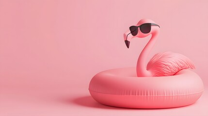 Obraz premium Pink flamingo in a pink inflatable ring wearing sunglasses