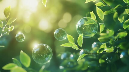 Sustainable future concept with luminous environmental symbols, transparent floating orbs, vibrant green nature background, gentle leaf motion, morning atmospheric glow, delicate human interaction,