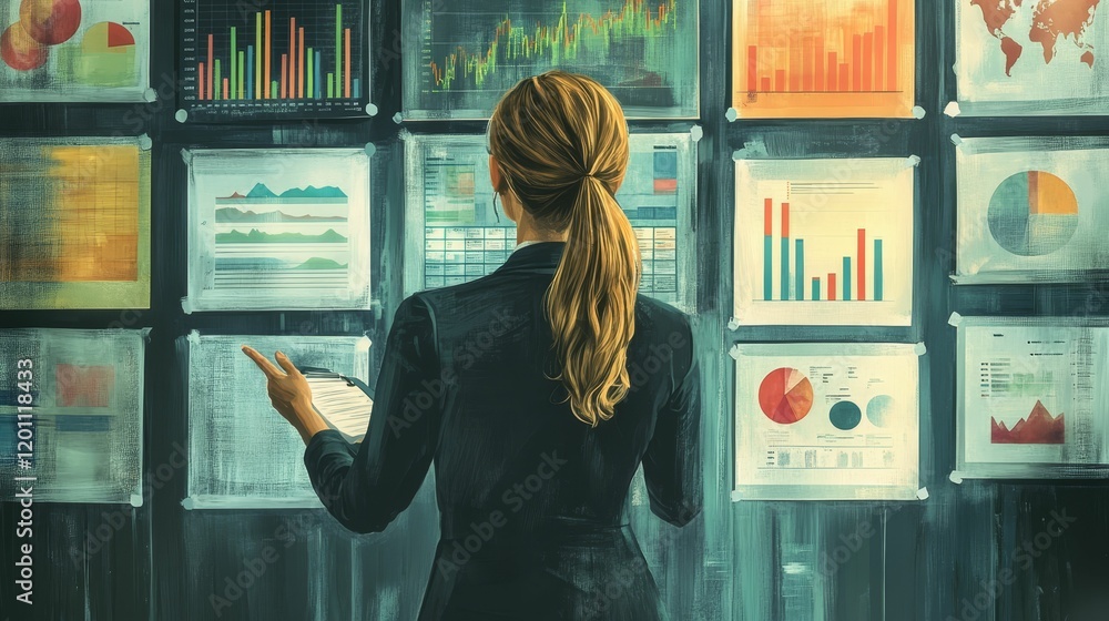 Poster person analyzing charts and graphs on multiple screens.