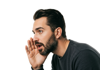Man Whispering Secret Important News Announcement Profile face male hair eyes hand adult beard brown