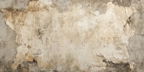 Obraz premium Textured plaster wall background with beige and gray tones, showcasing faded areas, cracks, and a rustic, weathered appearance.