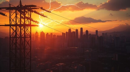 Energy icon silhouette backlit by sunset, wooden platform perspective, urban skyline elements, sun rays through lightning cutout, environmental portrait photography, sustainable power concept, high