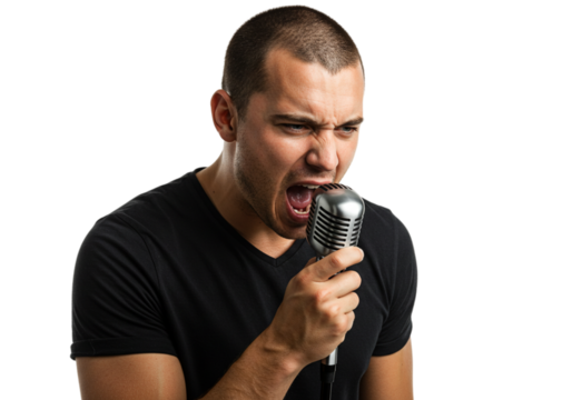 Passionate Singer Powerful Vocals Retro Microphone Studio Shot Black Background man song rock grit  
