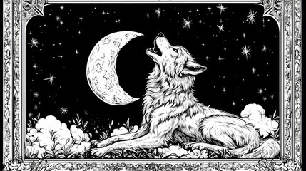 A Lone Wolf Howls Beneath A Crescent Moon And Stars