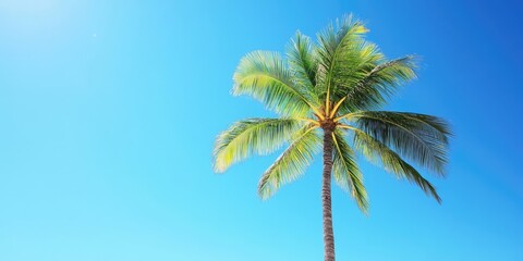Lush green palm tree with vibrant fronds against a bright clear blue sky capturing a serene tropical atmosphere and sunny ambiance.