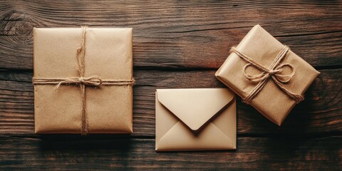 Fototapeta premium Brown gift boxes and padded envelopes neatly arranged on a rustic wooden table creating a warm and inviting atmosphere with natural tones
