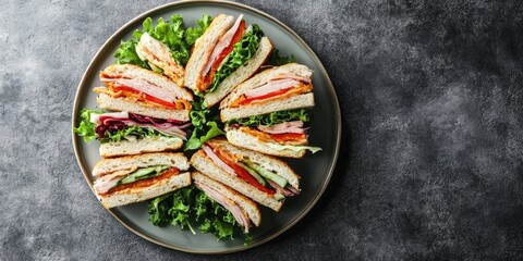 Delicious assorted sandwiches arranged on a round grey plate with fresh lettuce on a textured dark background showcasing vibrant ingredients.