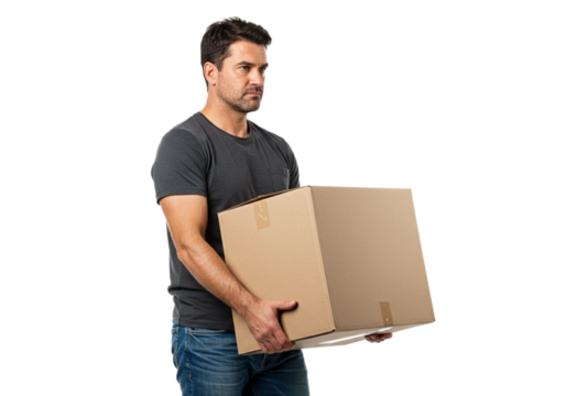 Man Carrying Cardboard Box Moving Day Relocation Heavy Duty Male Work Cargo Adult Jeans Black Image 
