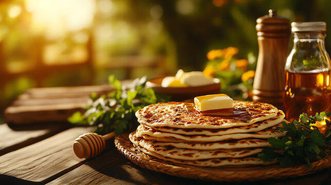 Ethiopian Chechebsa spiced flatbread dish, garnished with honey and butter in a cozy family kitchen, [African breakfast treats, hearty simplicity]