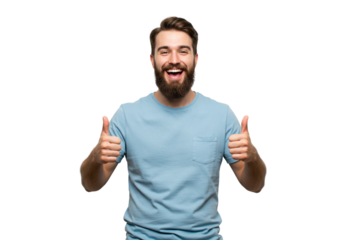 Happy Man Shows Thumbs Up Positive Gesture Blue Shirt Studio okay good like male model black photo  