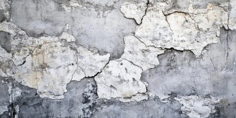 Fototapeta premium Gray and white cracked mortar wall texture featuring peeling paint with a weathered look perfect for background use in various designs