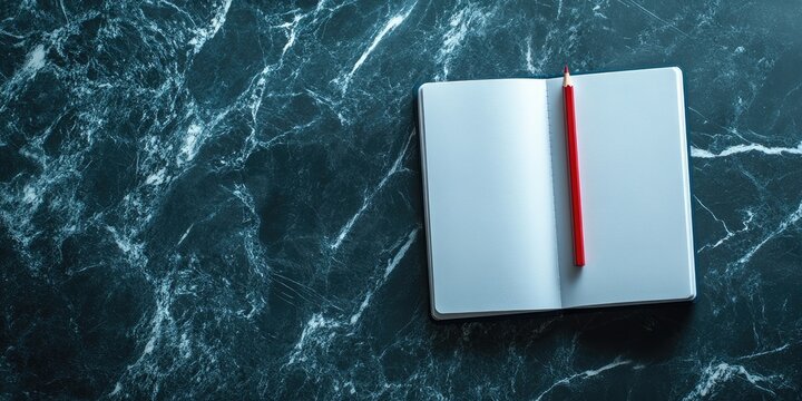 Open notebook with blank pages and a red pencil on a dark marble background viewed from above, emphasizing the clean and modern workspace layout.