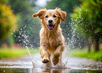 Golden Retriever Puppy Running in Rain, Happy Dog Park Play, Wet Dog, Adorable Pet, Canine Joy