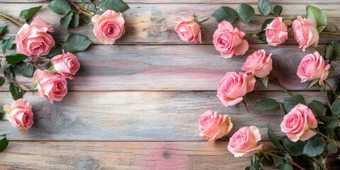 Fototapeta premium Romantic arrangement of soft pink roses on a rustic wooden surface with lush green leaves creating a delicate frame for a serene ambiance