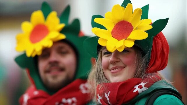 A young woman and a man in carnival costumes with bright yellow daffodils headdresses in front of a crowd during a festive celebration of St. David's Day