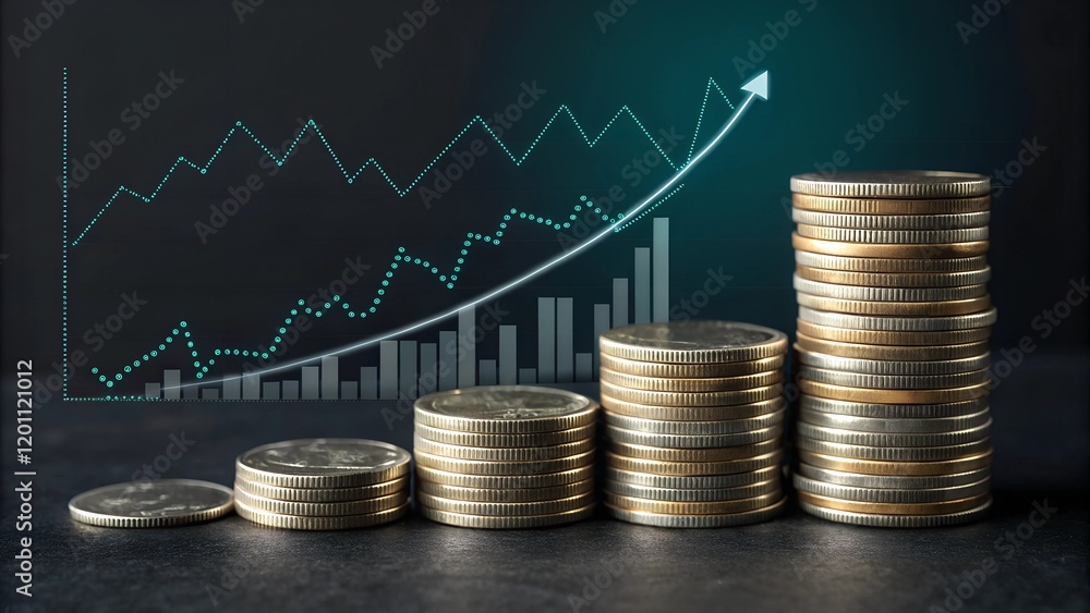 Poster stack of coins with trading price graph growth on dark background