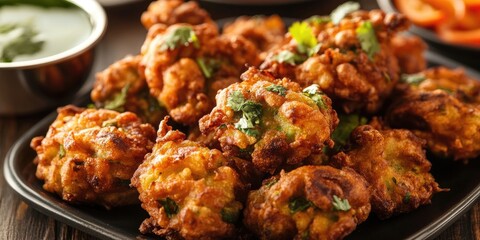 Crispy golden brown pakoras piled on a black plate garnished with green herbs against a rustic wooden background with green dipping sauce.